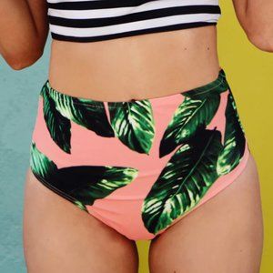 Albion Swim Pink and Tropical Leaf Print High Rise Bikini Bottom